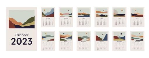 kalender sjabloon voor 2023. verticaal ontwerp met abstract natuurlijk boho landschappen. bewerkbare illustratie bladzijde sjabloon a4, a3, reeks van 12 maanden met omslag. vector gaas. week begint Aan maandag.