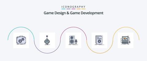 spel ontwerp en spel ontwikkeling lijn gevulde vlak 5 icoon pak inclusief ontwikkelaar. app. joystick. geluid. microfoon vector