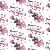 naadloos patroon met roze rozen, bladeren, geschenk doos, harten. gelukkig Valentijnsdag dag, romantiek, liefde concept. perfect voor Product ontwerp, scrapbooken, textiel, omhulsel papier. vector