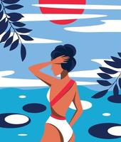 vector grafiek illustratie ontwerp een meisje zonder een gezicht in een bikini zwempak in natuur Aan vakantie zwemt in een meer of zee helder illustratie blauw rood
