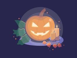 samenstelling met pompoen, kaarsen en bladeren Aan een donker achtergrond. vlak vector illustratie voor uw herfst ontwerp.
