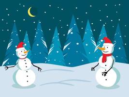 vector illustratie van een winter nacht Woud met twee sneeuwmannen. Kerstmis sneeuw achtergrond