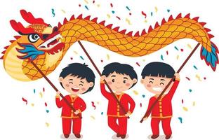 Chinese nieuw jaar festival. drie weinig jongens dansen draak dans vector