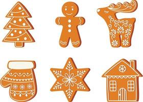 Kerstmis peperkoek koekjes, traditioneel vakantie voedsel. vector Kerstmis boom, Mens, hert, ster, huis, want. vector illustratie