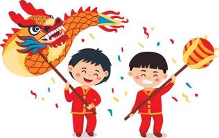 Chinese nieuw jaar festival. twee weinig jongens dansen draak dans vector