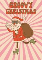 grappig groovy de kerstman claus rol het schaatsen met zak cadeaus in modieus tekenfilm stijl. voor kaart, poster, afdrukken. vector
