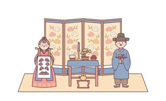 de bruid en bruidegom Bij een traditioneel Koreaans bruiloft ontvangst. ouders vieren door het werpen jujubes. vector