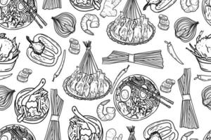vector Pan aziatisch voedsel naadloos patroon. hand- getrokken schetsen met Aziatisch voedsel zo net zo noedels, garnalen, gember, knoedels, gebraden eenden, pittig soep, gebakken krabben.