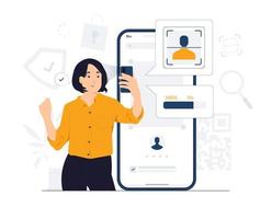 zakenvrouw scannen haar gezicht gebruik makend van gelaats herkenning systeem door slim mobiel telefoon naar ontgrendelen en controle haar persoonlijk gegevens bescherming vector