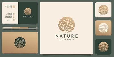 creatief abstract natuur logo met lineair in cirkel vorm ontwerp, goud en bedrijf kaart sjabloon. vector
