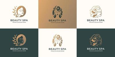 reeks van schoonheid vrouw logo. vrouwelijk schoonheid spa vrouw haar- stijl, goud kleur, schoonheid logo inspiratie. vector