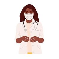 vrouw dokter portret in beschermend masker geïsoleerd Aan wit achtergrond. vrouw arts met stethoscoop lachend. Afrikaanse Amerikaans vrouw therapeut in medisch uniform. vlak vector illustratie