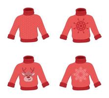 reeks van traditioneel lelijk Kerstmis truien. grappig Kerstmis jumper in rood kleuren met verschillend schattig prints en ornamenten met sneeuwvlokken en hert. trui weer winter concept. kleding en accessoires. vector