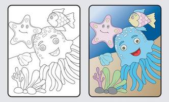 leren kleur voor kinderen en elementair school. Octopus, kokkels, zeester, vis. vector