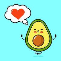 schattig grappig avocado aan het doen yoga met toespraak bubbel. vector hand- getrokken tekenfilm kawaii karakter illustratie icoon. geïsoleerd Aan blauw achtergrond. avocado in liefde karakter concept