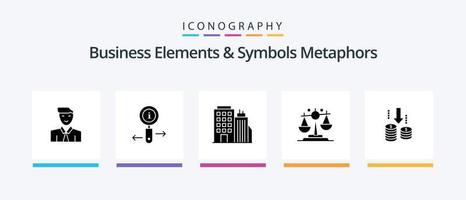 bedrijf elementen en symbolen metaforen glyph 5 icoon pak inclusief geld. gerechtigheid. zoeken. wet. hoofdkantoor. creatief pictogrammen ontwerp vector