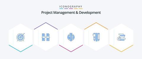 project beheer en ontwikkeling 25 blauw icoon pak inclusief artikelen. essentieel hulpmiddelen. privacy. hulpmiddelen. markt vector