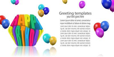 verjaardag kaart Sjablonen. viering groet banier met verjaardag tekst decoratie en ballonnen. 3d vector illustratie