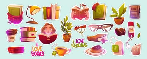 stickers met boeken, lezing meisje, koffie, bril vector