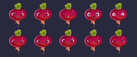 schattig rode biet of biet karakter gezicht emoji reeks vector