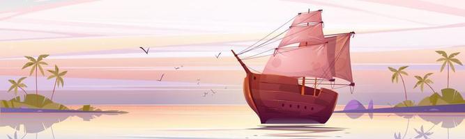 houten schip met wit zeilen vlotter onder roze lucht vector