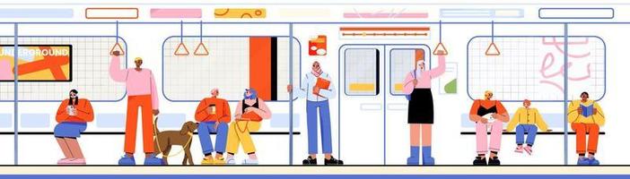 mensen binnen van trein of metro, ondergronds vector