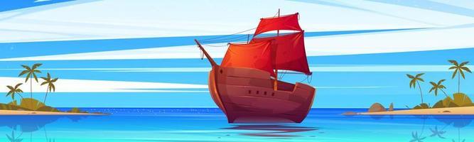 houten schip met rood zeilen drijvend Bij zeegezicht vector