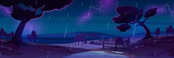 nacht regen Bij platteland tekenfilm landschap, storm vector