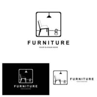 meubellogo, woninginrichtingsontwerp, kamerpictogramillustratie, tafel, stoel, lamp, frame, klok, bloempot vector