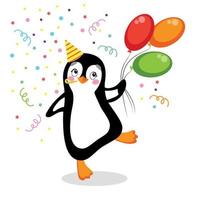 pinguïn Aan wit achtergrond verjaardag stijl, met ballonnen, confetti, vector