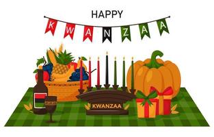 groet kaart gelukkig kwanzaa. een samenstelling met een geruit servet, een kinara, geschenken, pompoen en een fruit mand. tekenfilm vector illustratie Aan een wit achtergrond