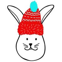 schattig glimlachen konijn hoofd met rood de kerstman hoed, hand getrokken symbool van nieuw jaar 2023 in tekening stijl, afdrukken voor kinderen textiel, kamer interieur decoratie,poster,sticker,logo,baby mode ontwerp vector