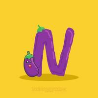 brief n met schattig aubergine zittend naast het. vlak ontwerp vector