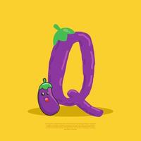 brief q met schattig aubergine zittend naast het. vlak ontwerp vector