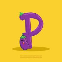 brief p met schattig aubergine zittend naast het. vlak ontwerp vector