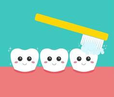 mond met drie gelukkig glimlachen schattig tanden met tandpasta en borstel. illustratie kan worden gebruikt Aan stomatologie kliniek, Leuk vinden poster of afdrukken. vector