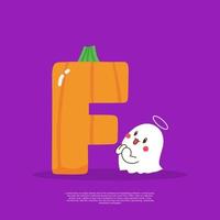 pompoen plus brief f met schattig geest emoji sticker naast het vector illustratie.