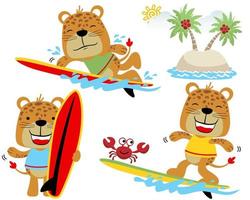 vector reeks van grappig tijgers tekenfilm surfing in de strand