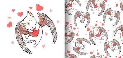naadloze patroon kawaii cupido kat met hart achtergrond vector