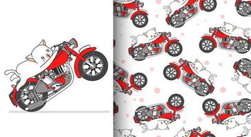 naadloze patroon kawaii kat rijden rode motorfiets vector