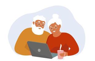 een ouderen paar is zittend met een laptop. oud mensen communiceren online. grijs haar Mens en vrouw. vector grafiek.