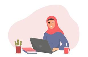 een moslim meisje in een hijab is zittend Bij haar laptop. de leerling is aan het studeren, werken online. vector grafiek.