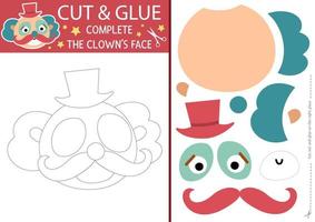 vector circus besnoeiing en lijm werkzaamheid. amusement tonen leerzaam bouwen spel. vind missend onderdelen. vermaak festival afdrukbare bladzijde voor kinderen. compleet de clown gezicht