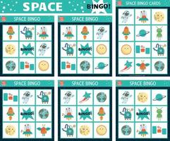 vector ruimte bingo kaarten set. pret familie lotto bord spel met schattig astronaut, ster, rocker, planeet, buitenaards wezen kinderen. astronomie loterij werkzaamheid. gemakkelijk leerzaam afdrukbare werkblad.