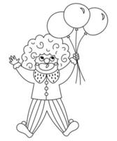 vector clown lijn icoon. zwart en wit circus artiest clip art. amusement vakantie Mens vliegend Aan bundel van ballonnen. schattig grappig festival karakter kleur bladzijde. straat tonen komiek illustratie