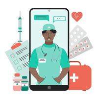 online dokter overleg. dokter is in uw smartphone. medisch onderhoud, telegeneeskunde. vector