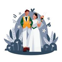 bruid en bruidegom Aan hun bruiloft dag vector