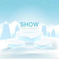 blauw winterlandschap met sneeuw en product showcase podium vector