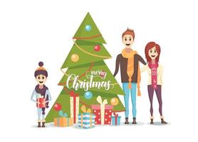 gelukkig gezin met versierde kerstboom vector
