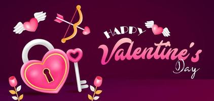 gelukkig Valentijnsdag dag. 3d illustratie van liefde boog, bloem, sleutel en slot vector